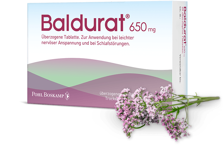 Packung Baldurat® 650mg Tabletten mit einer Baldrianpflanze